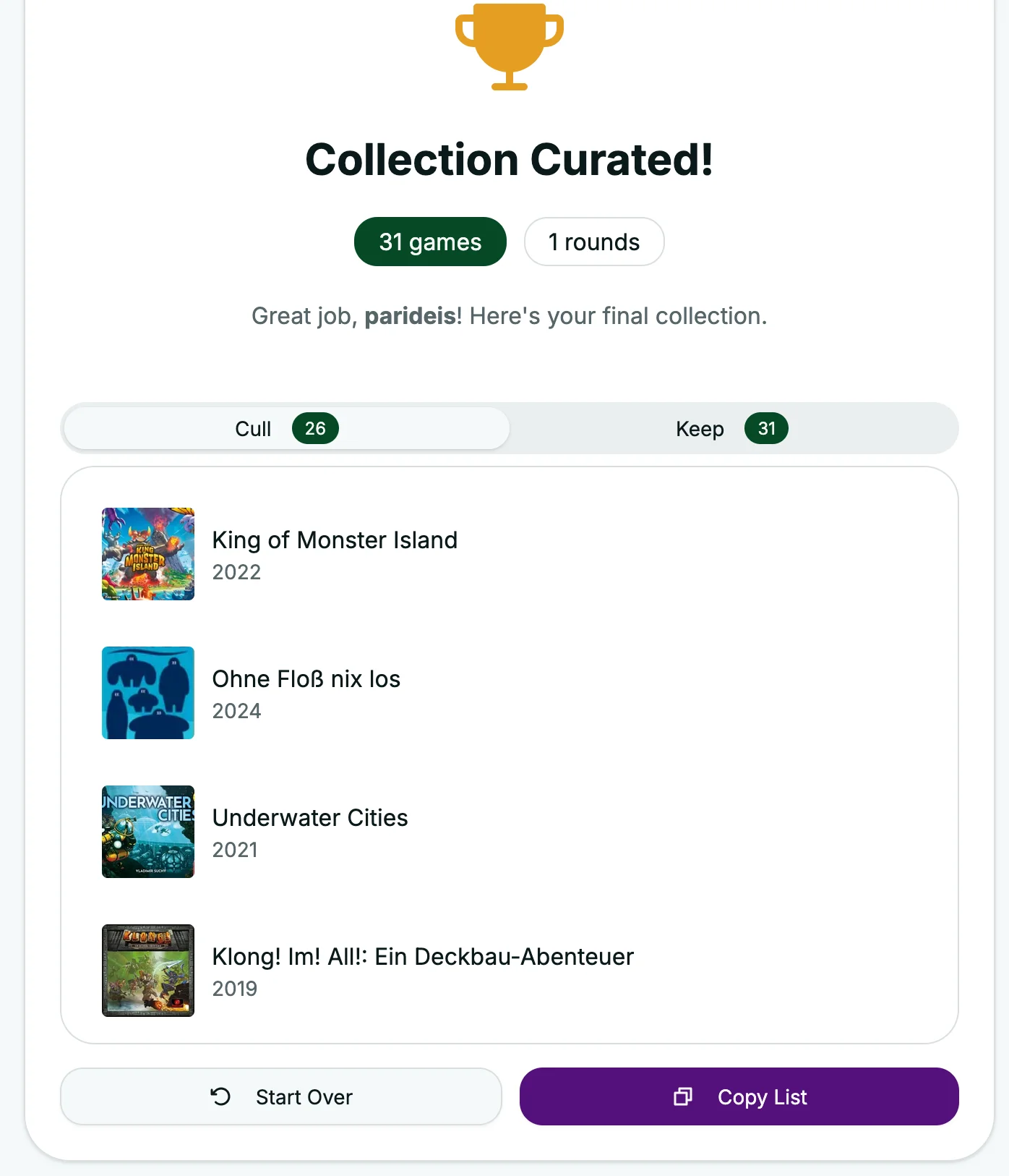 Keep Or Cull Result Screen
